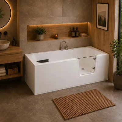 Produktbild von AQUA for you | Badewanne - AVO - Acrylbadewanne – 170x75 cm - universell - Weiß - mit Tür, Schürze, Sitz, Seniorenbadewanne
