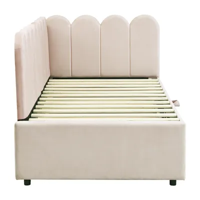 Produktbild von Flieks Polsterbett 90x200cm mit Ausziehbett, Schlafsofa Tagesbett mit Rückenlehne, Jugendbett Kinderbett mit Lattenrost, Sofabett Daybett Samt, Beige