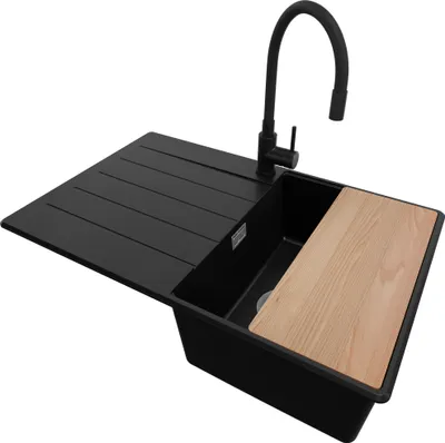 Produktbild von PRIMAGRAN Granitspüle Schwarz 78x50cm, Spülbecken 1 Becken + Küchenarmatur 40x38cm + Ablauf-Set + Schneidebrett, Küchenspüle ab 45er Unterschrank - Kopenhagen