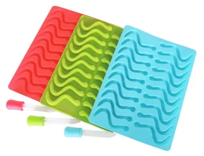 Produktbild von Silikonform Wurmform mit Pipette für Gummibärchen, Gelee, Eiswürfel & Süßigkeiten, Antihaft, DIY, 24.5x18x0.8 cm