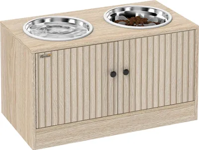 Obrázok produktu pre Miska pre psov – miska s úložným priestorom – dvojitá miska – vyvýšená miska pre psov – dub