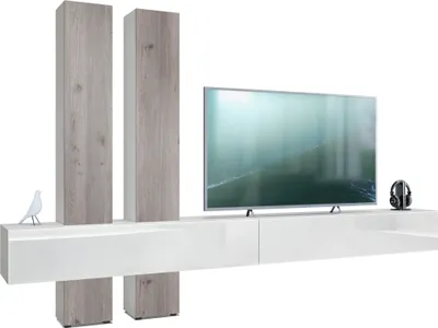 Produktbild von Vladon Wohnwand Moja,  Germany, - Weiß matt & Weiß/Eiche Nordic - Moderne Anbauwand für Ihr Wohnzimmer (BxHxT) 330 x 204 x 39 cm