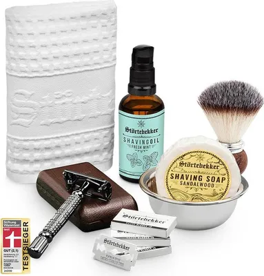 Produktbild von Störtebekker Rasurpflege Set Premium - Rasierhobel (Schwarz) & Leder-Etui (Café), Rasierpinsel, Rasierschale, Rasiertuch, Rasieröl & Rasierseife