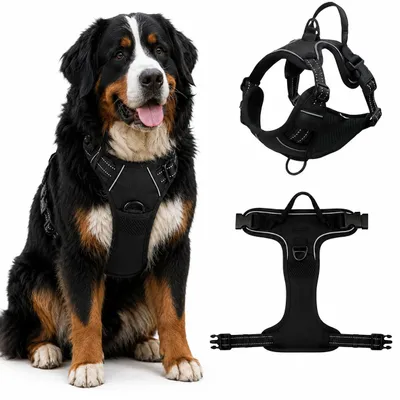 Produktbild von Hundegeschirr Ohne Zug, Verstellbares Hundebrustgeschirr mit Griff und Reflexstreifen, Atmungsaktiv Gepolstert, Anti-Zug Hundegeschirr, Schwarz XL