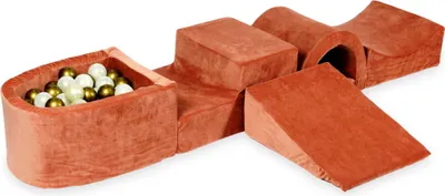 Produktbild von Schaumstoff-Spielset mit Brücke und Mikro-Bällepool – samtig weicher Canyon-Knetball mit Bällebad-Bällen 100 Stück / Altgold, Meerjungfraueneffekt, Hellgold