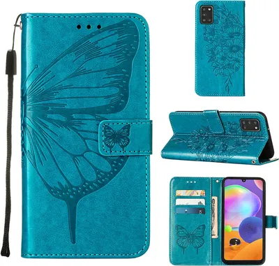 A collage of images showing a teal butterfly embossed flip leather phone case for a Samsung Galaxy A21S.