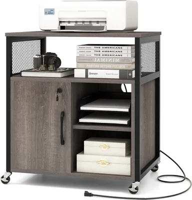 A printer is placed on top of a gray and black rolling cabinet. The cabinet has a door on the left and shelves on the right. There are books and a camera on the top shelf.