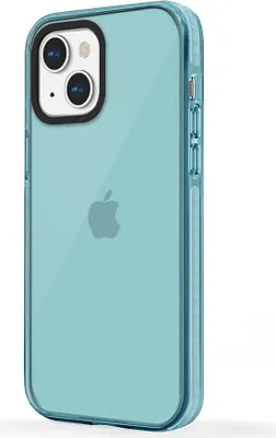 A close-up shot of the back of an iPhone 12 Mini with a transparent blue case.