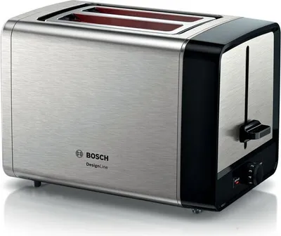 A Bosch DesignLine toaster with a brushed stainless steel finish and black accents, shown on a white background.