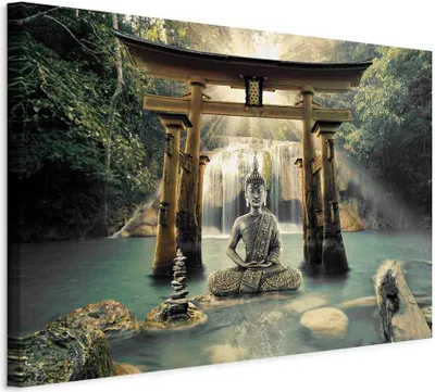 Produktbild von Italienischer Leinwand Leinwandbild - Buddha Smile (1 Part) Wide 120x80 cm Orient p-A-0033-b-b