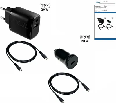 Produktbild von DINIC Ladebundle - 20W KFZ- und Netzlader mit 2 USB-C Ladekabeln, Schwarz