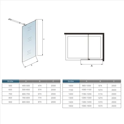 Diagrams and a size chart for a shower enclosure.