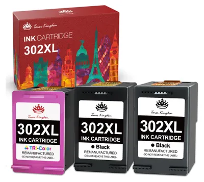Three ink cartridges and their packaging are displayed against a white background.