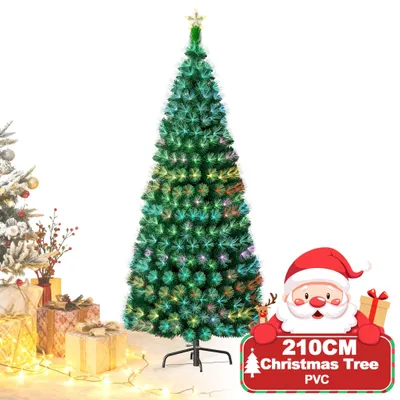 Zdjęcie produktu dla XINZI Sztuczna choinka 210cm z oświetleniem LED - Zielona choinka z PVC, zmiana koloru włókna szklanego, metalowy stojak, kolorowa dekoracja świąteczna