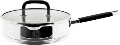 A stainless steel frying pan with a glass lid and a black handle, shown on a white background.