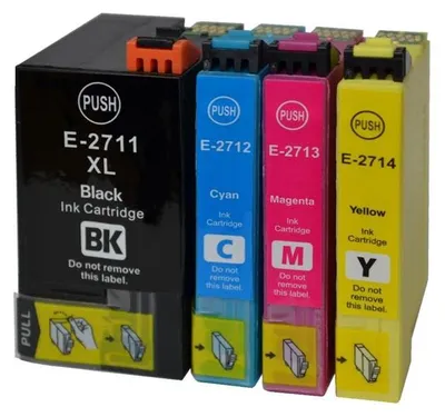 A set of four ink cartridges for a printer, including black, cyan, magenta, and yellow.