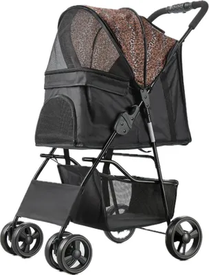 Produktbild von HiPet Hundebuggy Senna Schwarz/Leopard – faltbarer Hundewagen bis 15 kg mit großem Einkaufskorb, Belüftungsnetz, Kissen und Sicherheitsgurt