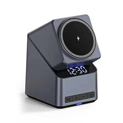 Produktbild von 4-in-1-Ladestation, kompatibel , 15W-Schnelllade-Dockingstation mit LED-Uhr, verstellbarem Metall-Handyständer
