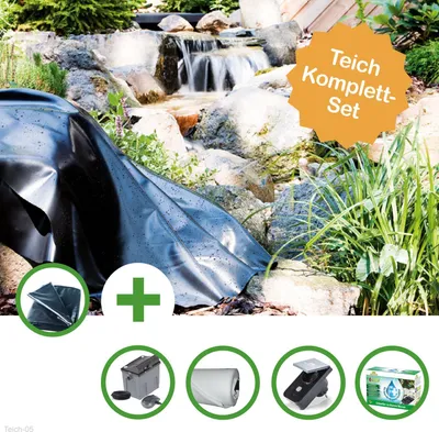 Produktbild von Teich Set "Weichsel" - Mittlerer Folienteich - Teichfolie 30 Qm Mit Vlies, Durchlauffilter, 3 Unterwasser Led Spots Und Smart Plug