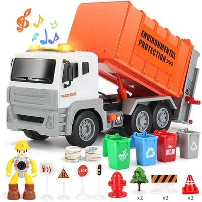 Immagine prodotto di Camion giocattolo raccolta rifiuti - Con luci e suoni - 11 cartelli stradali - 4 bidoni della spazzatura
