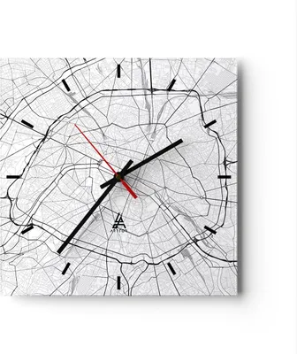 Produktbild von Wanduhr - Quadrat - Glasuhr - Stadt Karte Paris - 40x40cm - Schleichendes Uhrwerk - Lautlos - zum Aufhängen bereit - Dekoration Modern - Wanddekoration aus Glas - C3AC40x40-4868