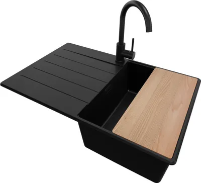 Produktbild von PRIMAGRAN Granitspüle Alles Schwarz 78x50cm, Spülbecken 1 Becken + Ablauf-Set + Küchenzubehörset, Küchenspüle ab 45er Unterschrank - Kopenhagen