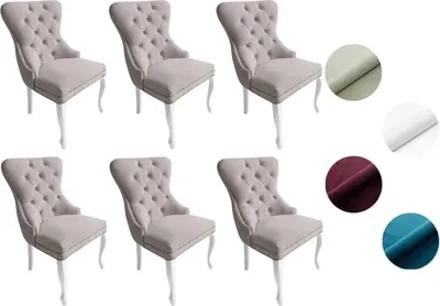 Produktbild von Chesterfield Stuhl MADAME 2 (6 Stück) – eleganter Polsterstuhl im Glamour-Stil, Samt Hellgrau, Holzbeine in Weiß, Komfortsitz