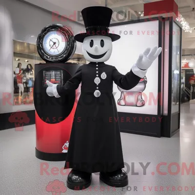 Produktbild von Maskottchen REDBROKOLY eines schwarzen Zirkusdirektors mit A-Linien-Kleid und Digitaluhren