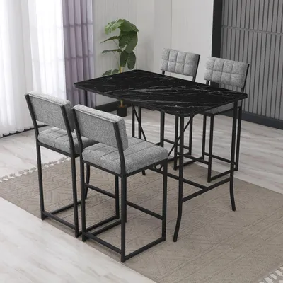 Produktbild von Skye Decor, Retro - Grey, Black, Bartisch- und Hocker-Set (5-teilig), Grau, 100% Leinen, 110 x 70 x 92 cm