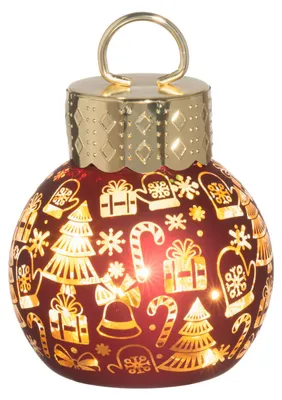 Zdjęcie produktu dla Bombka choinkowa szklana z oświetleniem LED, motyw prezentów, Ø 10 x 13 cm