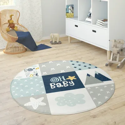 Produktbild von Kinderteppich Teppich Rund Kinderzimmer Spielmatte Babymatte Stern Mond Elefant Regenbogen Grösse Ø 150 cm Rund