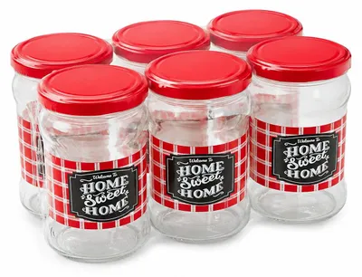 Image de 6 pots à confiture de 315 ml – Pots à confiture avec couvercles rouges – Bocaux en verre – Pour la confiture, le miel et les épices – 6,7 x 6,7 x 11,7 cm