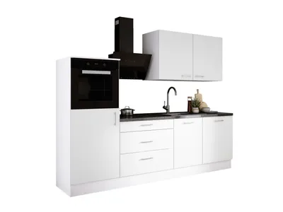 Immagine prodotto di Set da cucina: tre cassetti, cinque ante, otto ripiani, colore: bianco / bianco opaco, dimensioni del mobile: L: 250 cm, A: 220 cm, P: 60 cm