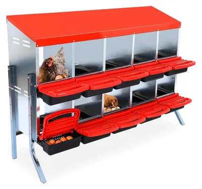 Immagine prodotto di Nidificatore per galline - 10 scomparti in acciaio inossidabile - Montaggio a parete - Con piedini - Vasche di raccolta estraibili - Raccolta uova - Rosso