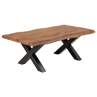 Produktbild von Massiver Baumstamm Couchtisch MAMMUT 110cm Akazie Honey Finish schwarzes X-Gestell