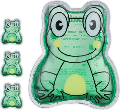 Zdjęcie produktu dla Relaxdays – poduszeczki chłodzące dla dzieci, zestaw 4 szt., kompresy na zimno i na ciepło, żabka, wys. x szer.: 11 x 9 cm, poduszeczki żelowe, mini okłady chłodzące, zielone