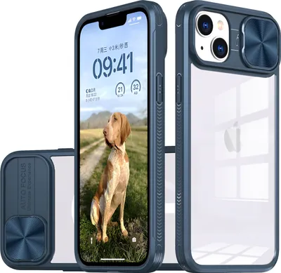Immagine prodotto di Custodia per iPhone 13 / iPhone 14 Custodia ibrida trasparente in TPU con cover fotocamera scorrevole blu