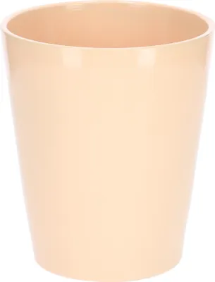 A close-up studio shot of a single, empty, peach-colored ceramic pot against a white background.