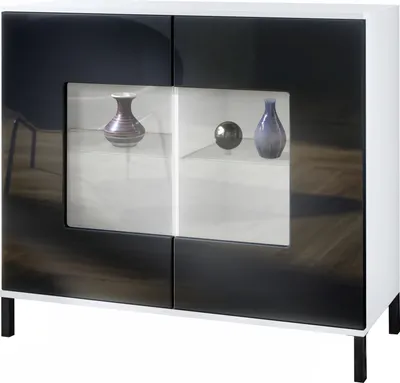 Produktbild von Vladon Kommode Grömitz V3, Moderner Küchenschrank mit 2 großen Glastüren inkl. RGB Beleuchtung Weiß matt / Schwarz Hochglanz (92,5 x 83.5 x 35)
