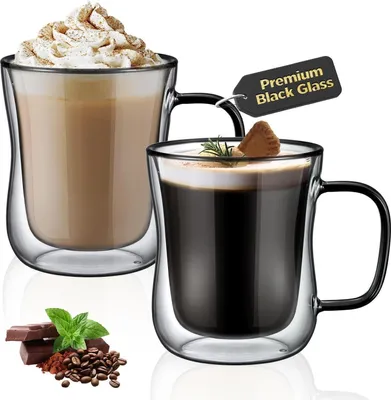 Zdjęcie produktu dla Dwuścienne szklanki do kawy 350 ml zestaw 2 do latte macchiato w kolorze czarnym