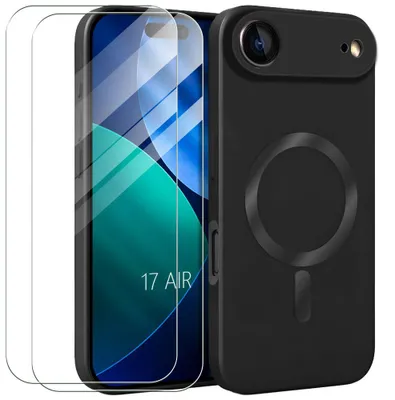 Image de Coque + 2 Verres Trempés pour iPhone Air, Protection Silicone Antichoc avec Cercle Magnétique - Noir