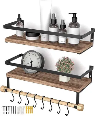 Produktbild von Hängender Holzregal mit Handtuchhalter - 2 Stück Regal Küche und 8 Haken - ideal für Badezimmer Wohnzimmer - Wanddekoration