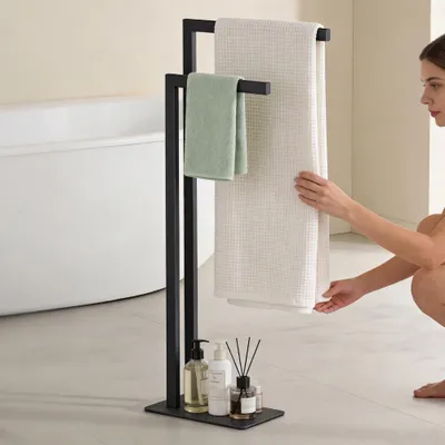 Immagine prodotto di doporro Porta Asciugamani Bagno da Terra a 2 Bracci, Portasciugamani in Acciaio per Bagno, Antiruggine, Nero Opaco, Tavrin-02