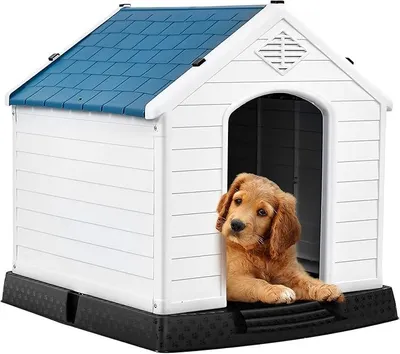 Produktbild von Hundehütte aus Kunststoff, Zwinger für Drinnen und Draußen, Hunde-Haus mit Belüftungsystem und Befestigungsvorrichtung, Stabil und Kratzfest, mit Erhöhtem Boden (M)