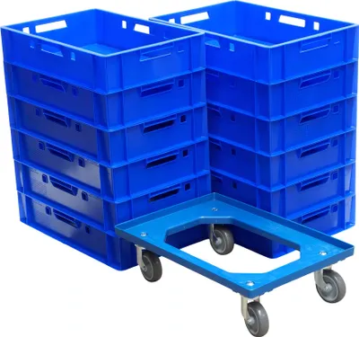Produktbild von 12 Stück E1-Kasten blau + 1 Transportroller Typ C blau