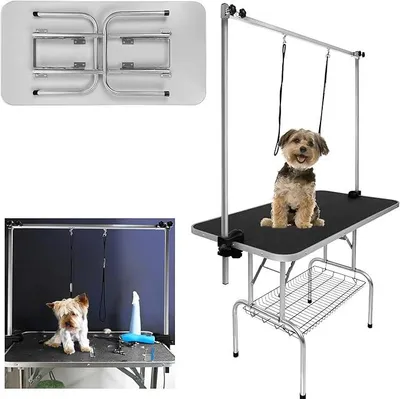 Produktbild von Trimmtisch für Hunde, Hundepflegetisch, Tierpflegetisch Schertisch mit Höhenverstellbarem Galgen, 2 Schlingen und Kratzfester Gummioberfläche, 113x60x76cm