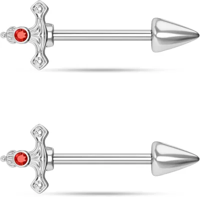 Imagen del producto de Barra para piercing en el pezón, calibre 14, 2 unidades, acero quirúrgico, con piedra preciosa roja