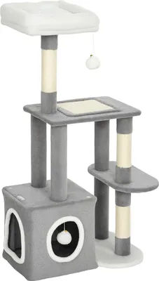 Zdjęcie produktu dla Wieża dla kota z jaskinią, słupki sizalowe, pluszowe piłki, 107 cm, szara