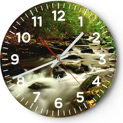 Produktbild von Wanduhr - Rund - Glasuhr - Bäume Strom Felsen - 40x40cm - Schleichendes Uhrwerk - Lautlos - zum Aufhängen bereit - Dekoration Modern - Wanddekoration aus Glas - C4AR40x40-0152