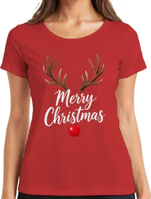 Produktbild von Merry Christmas Rentier Rudolph Geweih rote Nase Weihnachten Damen T-Shirt, Rot, XXL